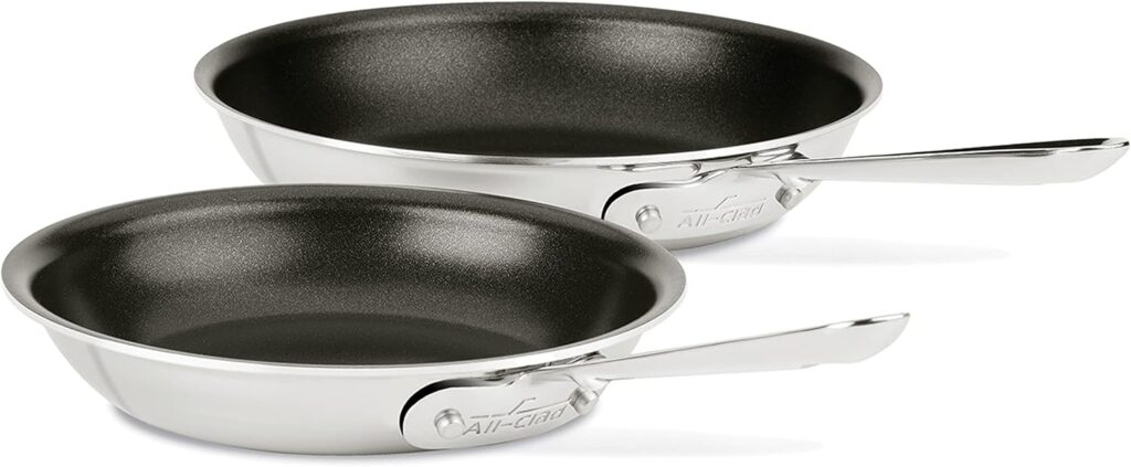 All-Clad D3 3-Ply Stainless Steel Nonstick Fry Pan Set 2 Piece, 8, 10 Inch Induction Oven Broiler Safe 500F Pots and Pans, Cookware Silver