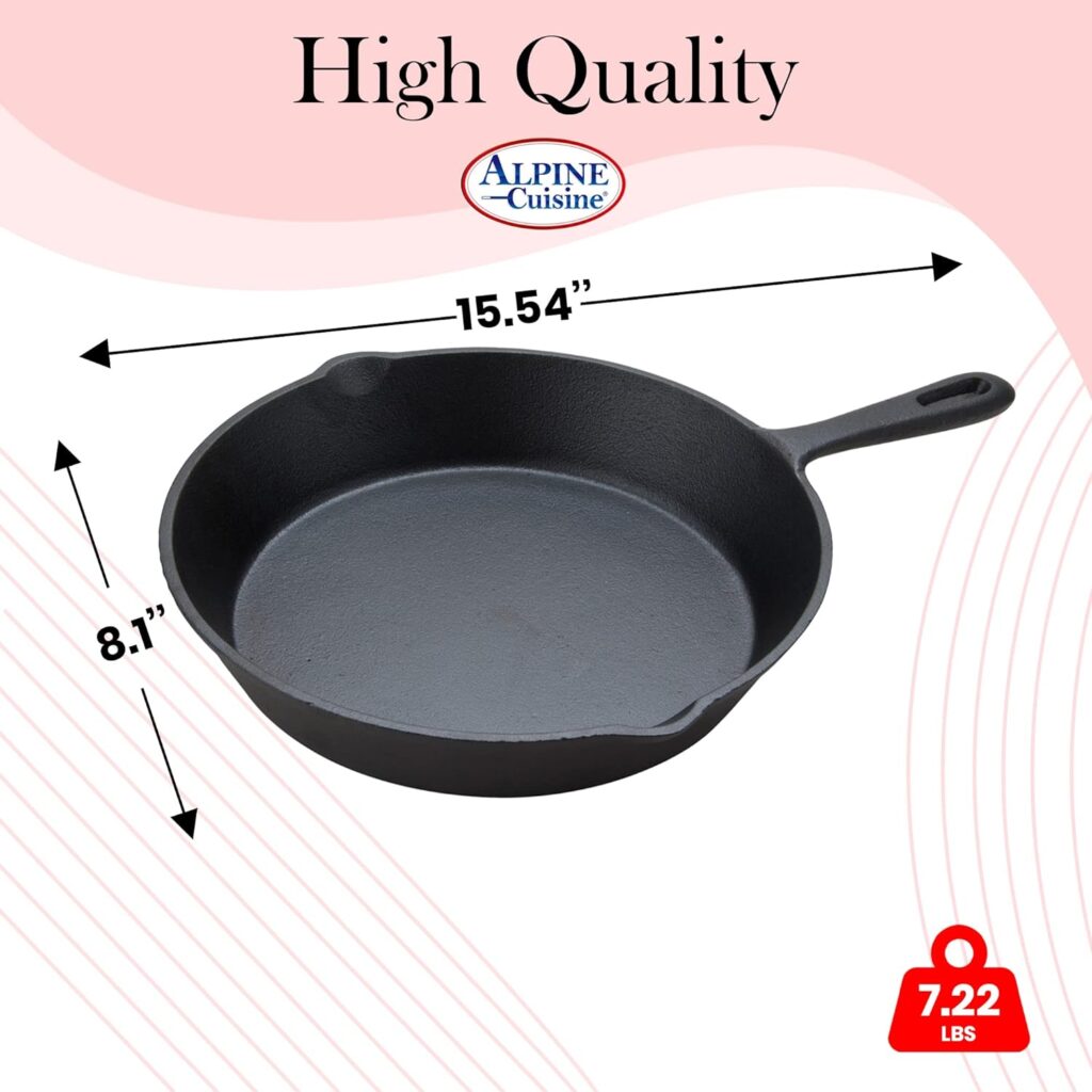 Alpine Cuisine Pre-seasoned Cast Iron Frypan 12-Inch - Black Cast Iron Frypan - Durable, Heavy Duty Cooking Pans - Multipurpose Use Kitchen Pans