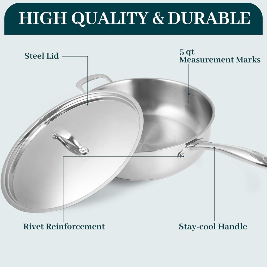 DELUXE 12 Inch Stainless Steel Skillet Frying Pan, Large Saute Pan with Lid and Stay-Cool Handle, 5qt Deep Sauté Pans for Deep-Fry Braise Stew, Multipurpose Cooking Pot for Induction Gas Stove