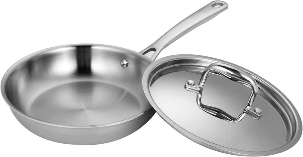 Fortune Candy Fry Pan with Lid, 3-ply Skillet, 18/8 Stainless Steel, Induction Ready, Dishwasher Safe, Silver (8-Inch)