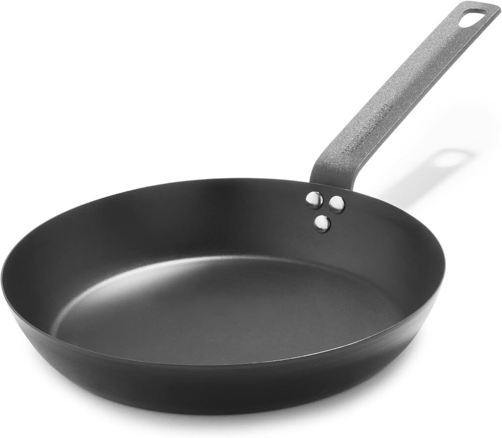 Merten  Storck Pre-Seasoned Carbon Steel 10 Frying Pan Skillet, Cast Iron Lightweight, Durable, Sear Grill Broil Fry, Indoor Outdoor Cooking, Easy to Clean, Oven Safe, Induction, Steel Handle, Black