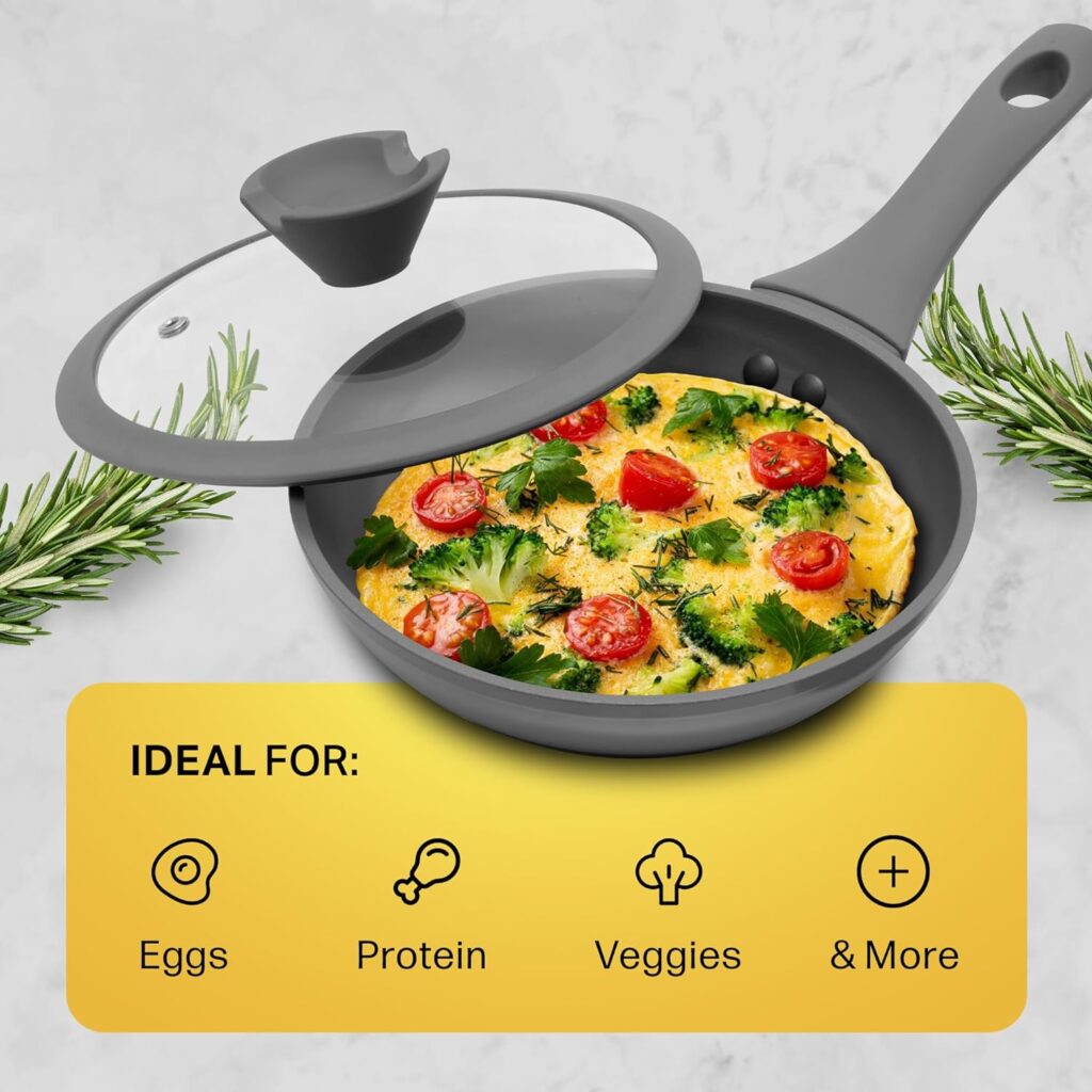 NATIVO Ceramic Nonstick Frypan Skillet, 7 inch Nontoxic Fry Pan with Ergonomic Handle, Spoon Rest Knob, Perfect Seal Lid, Egg frying pan, Omelet Pan with Silicone Spatula (GRAY)