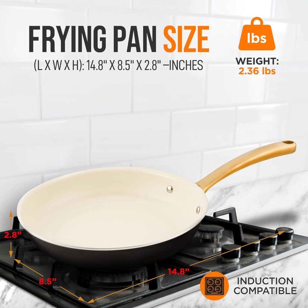 NutriChef 14 Extra Large Fry Pan - Professional Home Cookware Skillet Nonstick Frying Pan with Golden Titanium Coated Silicone Handle, Ceramic Coating, Stain-Resistant, And Easy To Clean