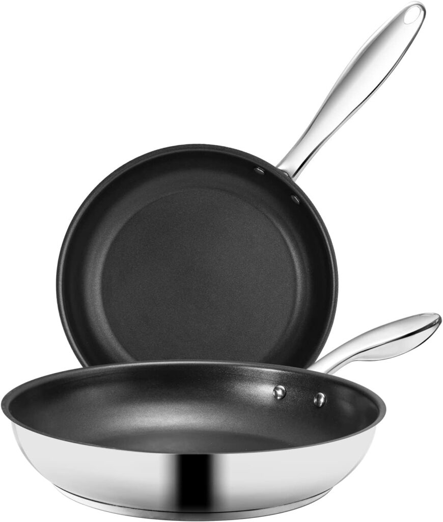 OAKSWARE Nonstick Frying Pan Set 2-Piece, 9.5-inch and 11-inch Induction Skillets for Steaks, Omelettes, and More, Non Stick Fry Pans with Ergonomic Handle, Oven ＆ Dishwasher Safe, Stainless Steel