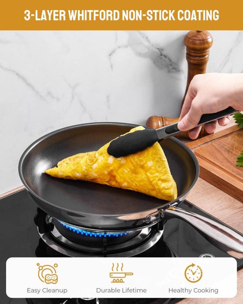 OAKSWARE Nonstick Frying Pan Set 2-Piece, 9.5-inch and 11-inch Induction Skillets for Steaks, Omelettes, and More, Non Stick Fry Pans with Ergonomic Handle, Oven ＆ Dishwasher Safe, Stainless Steel