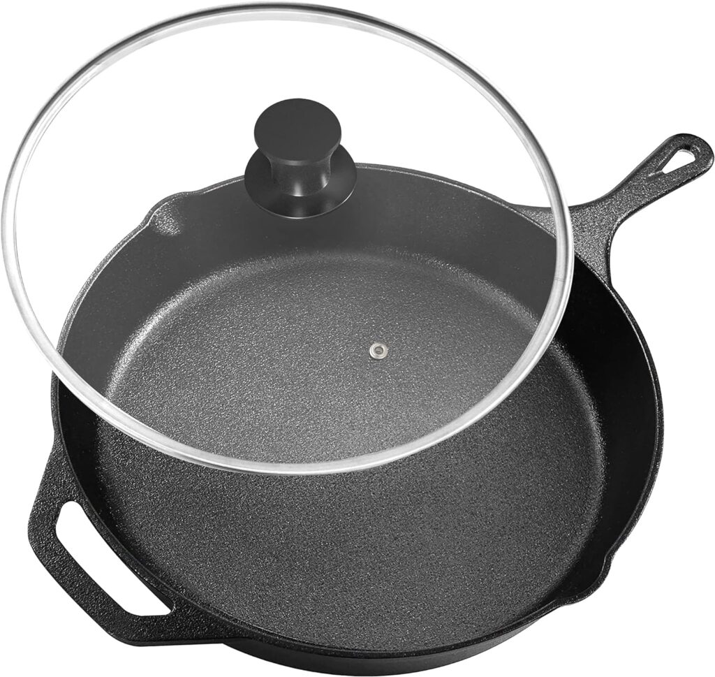 Utopia Kitchen Saute Fry Pan Pre-Seasoned Cast Iron Skillet With Lid - 12 inch Nonstick Frying Pan - Cast Iron Pan - Safe Grill Cookware for indoor  Outdoor Use