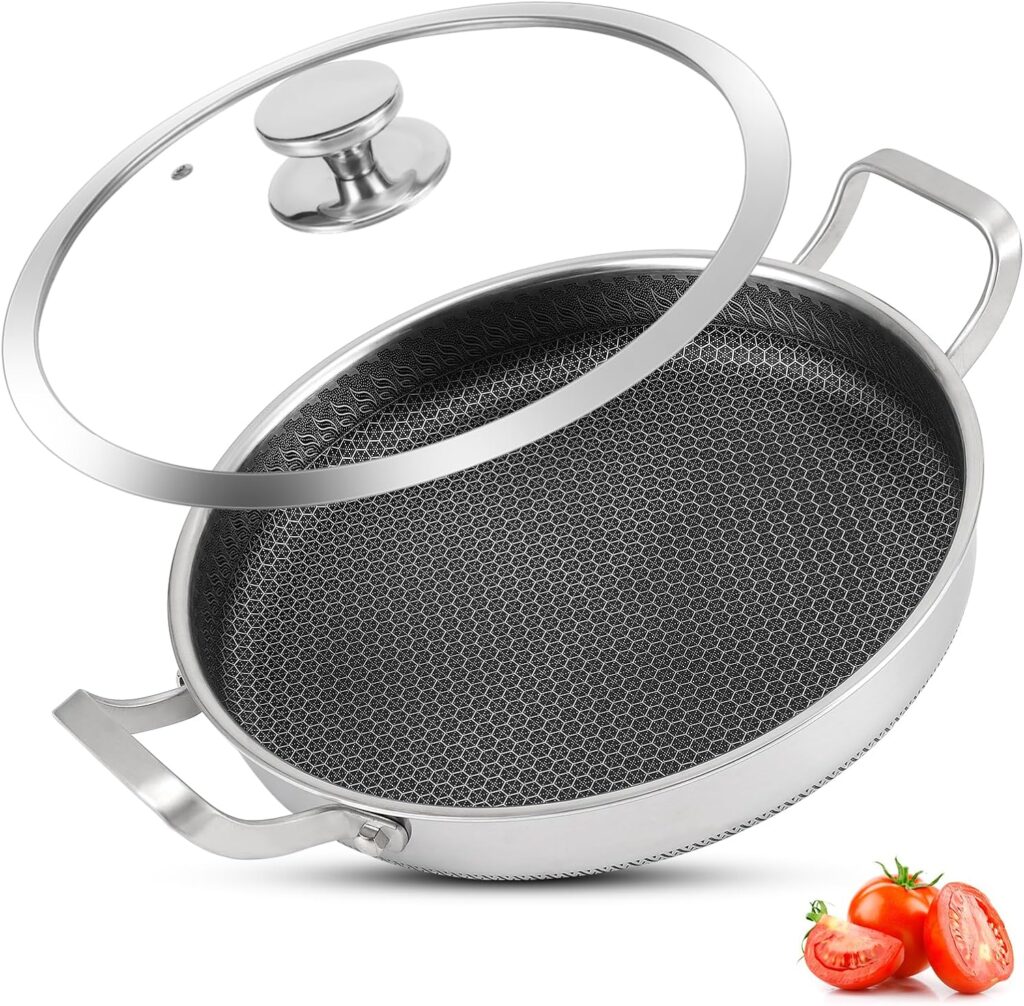 Vegoran Stainless Steel Pan With Cooking Lid,13 Inch Non Stick Frying Pans, PFOA Free, Dishwasher and Oven Safe Cooking Fry Pans (13 INCH PAN)