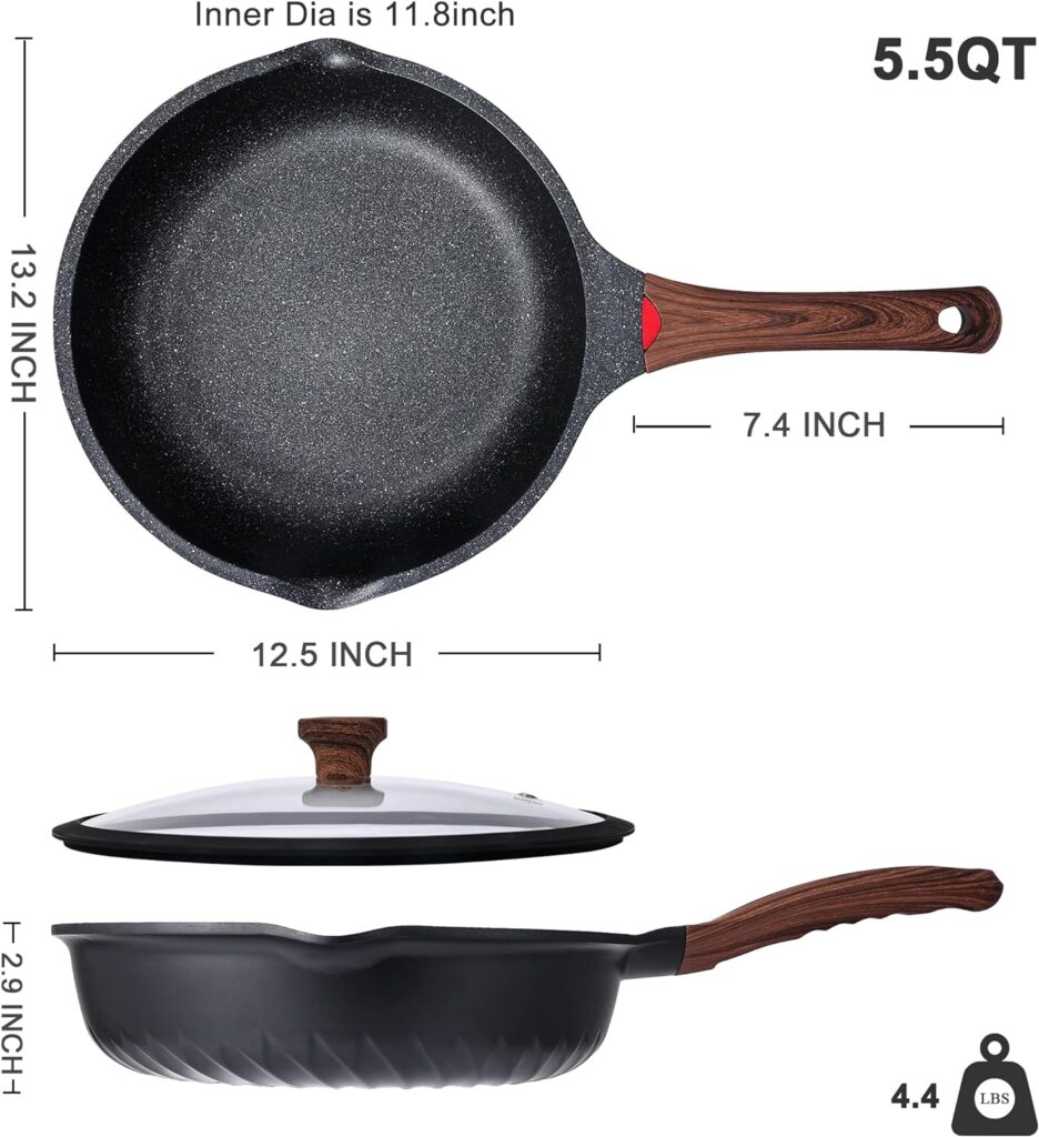 Vinchef Nonstick Deep Frying Pan Saute Pan with Lid, 12in/5.5Qt Fry Pan, German 3C+ Ceramic Coating Technology, Heat Indicator, Induction Compatible