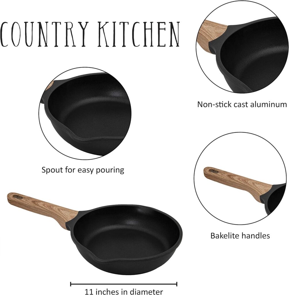 Country Kitchen Cookware Cast Aluminum Frying Pan, 11 Inches, Non Stick Speckled Skillet For Gas and Electric Stovetop (Matte Black)