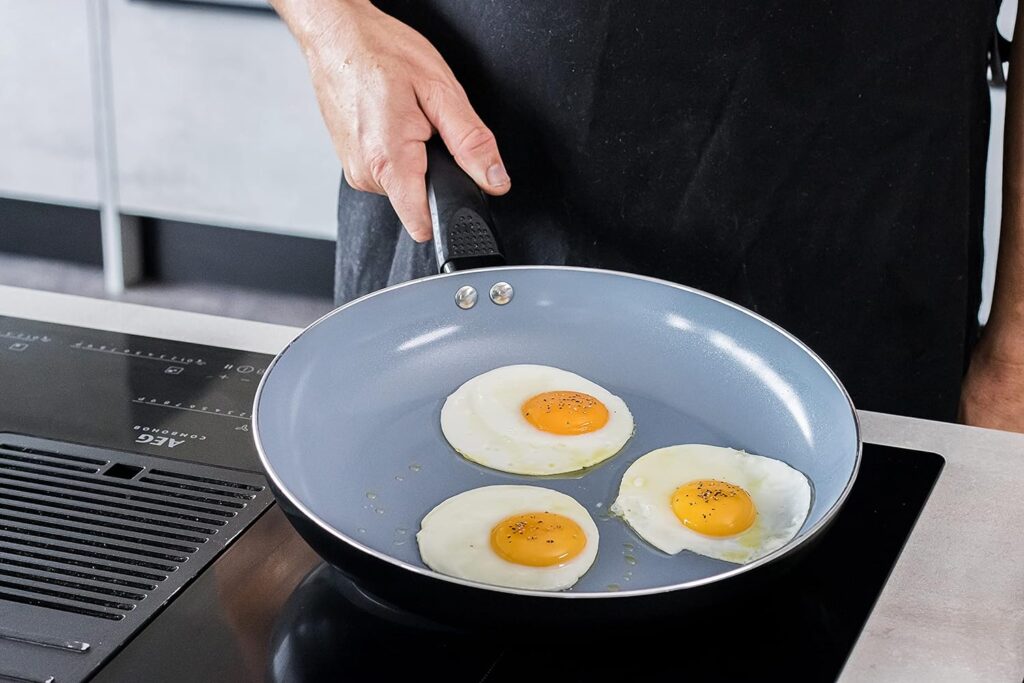 MasterClass Eco Induction Frying Pan with Healthier Ceramic Chemical Free Non Stick, Large, Aluminium/Iron, Black/Blue, 30 cm